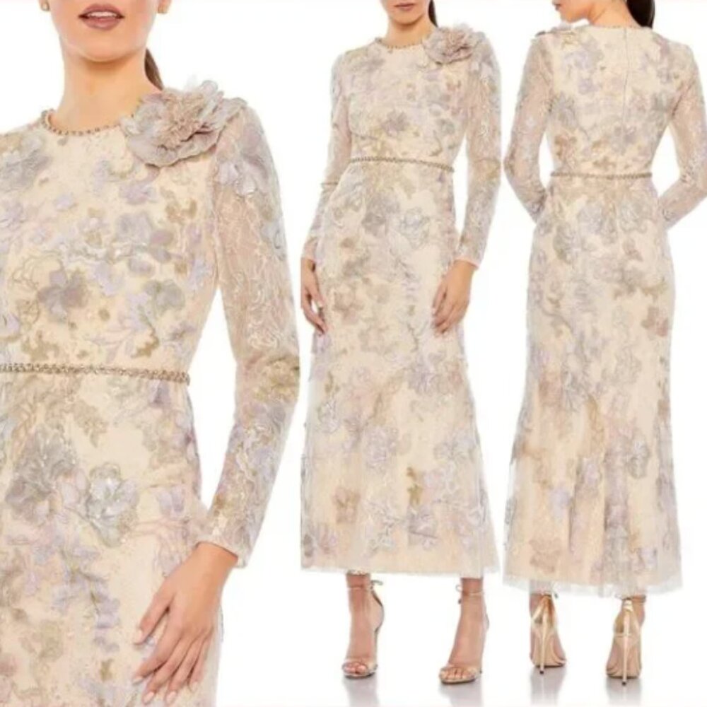 Mac Duggal Floral Embroidered Cream Dress